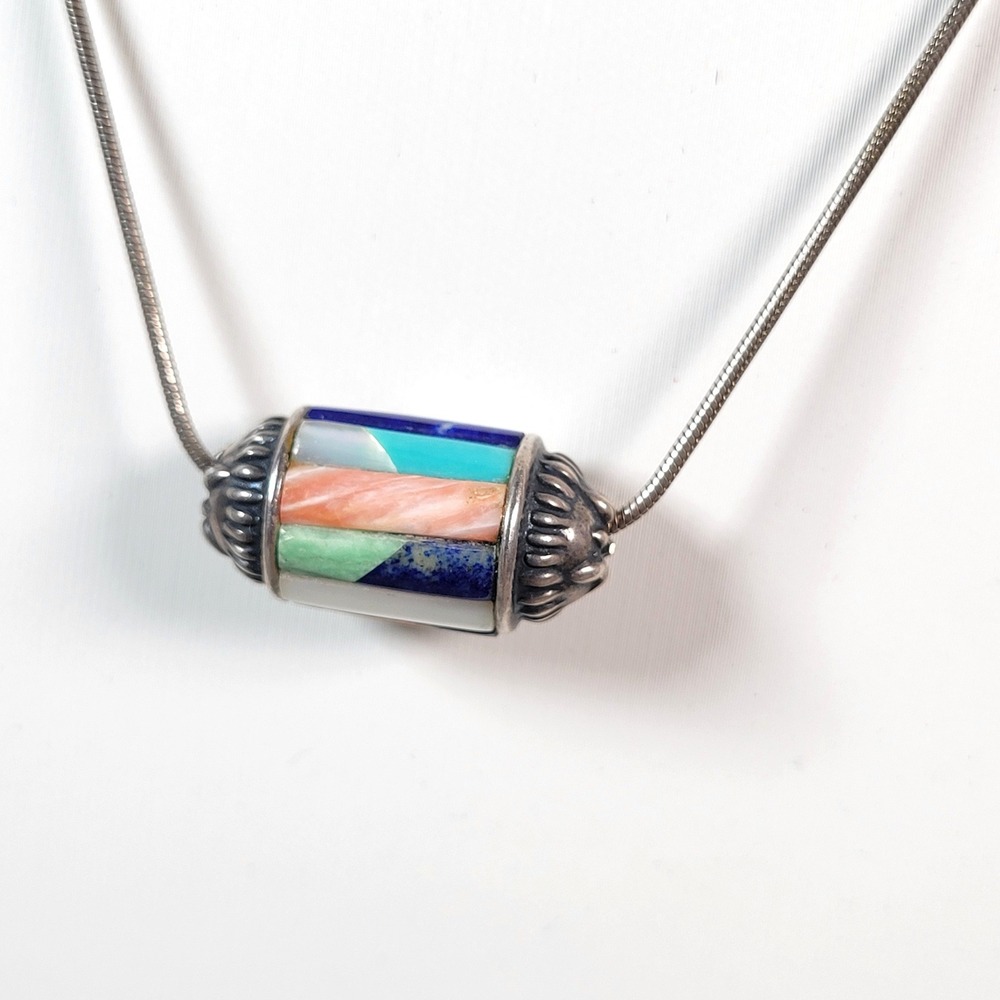 Carolyn Pollack Sterling Silver Multi Stone Inlay Barrel Pendant Necklace